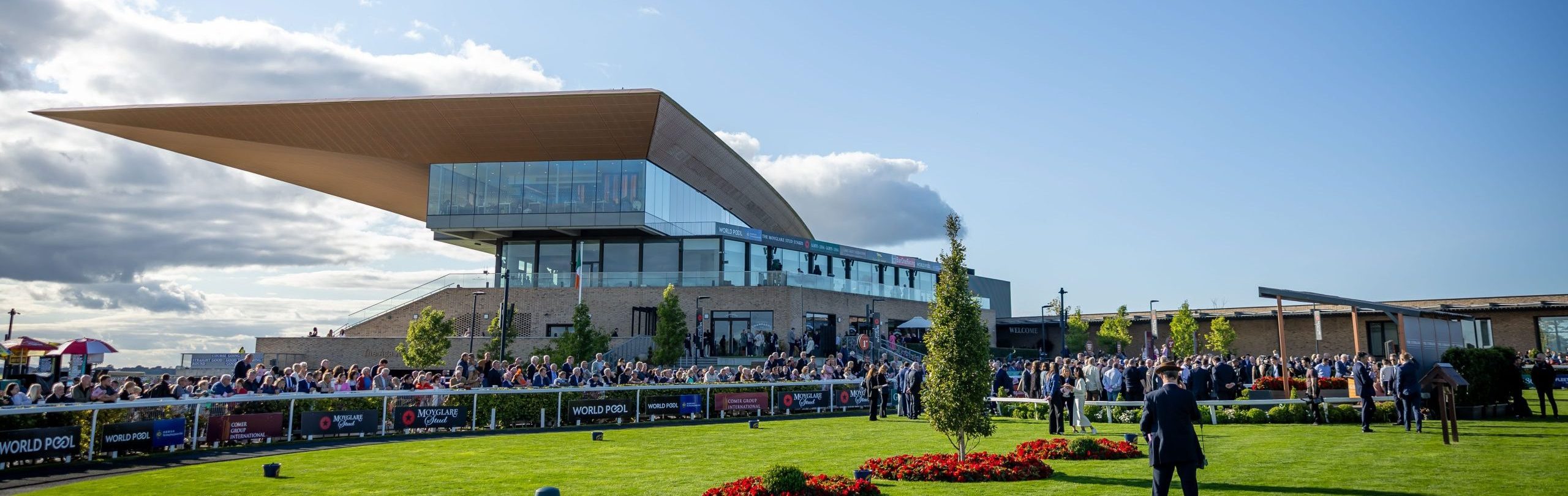 Parade Ring at the Curragh Racecourse, Ireland showing the unique grandstand building